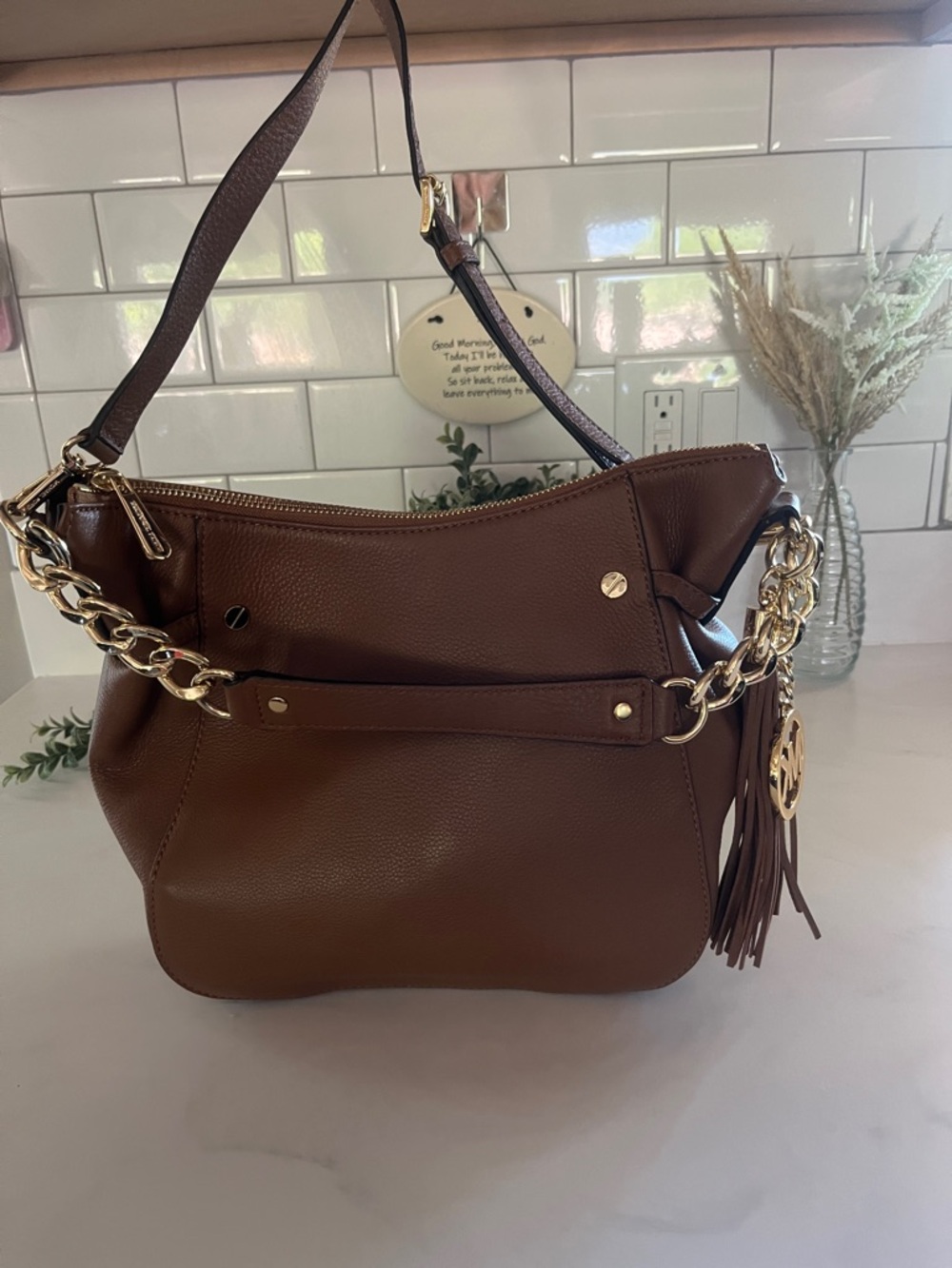 Michael Kors Chocolate Brown Pebbled Leather Shoulder Bag with Gold Chain